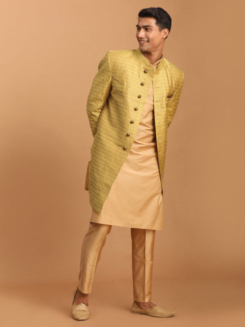Vastramay Men's Yellow Silk Blend Sherwani With Rose Gold Kurta Pant Set